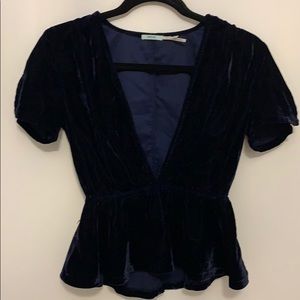 Velvet blue peplum deep v shirt.